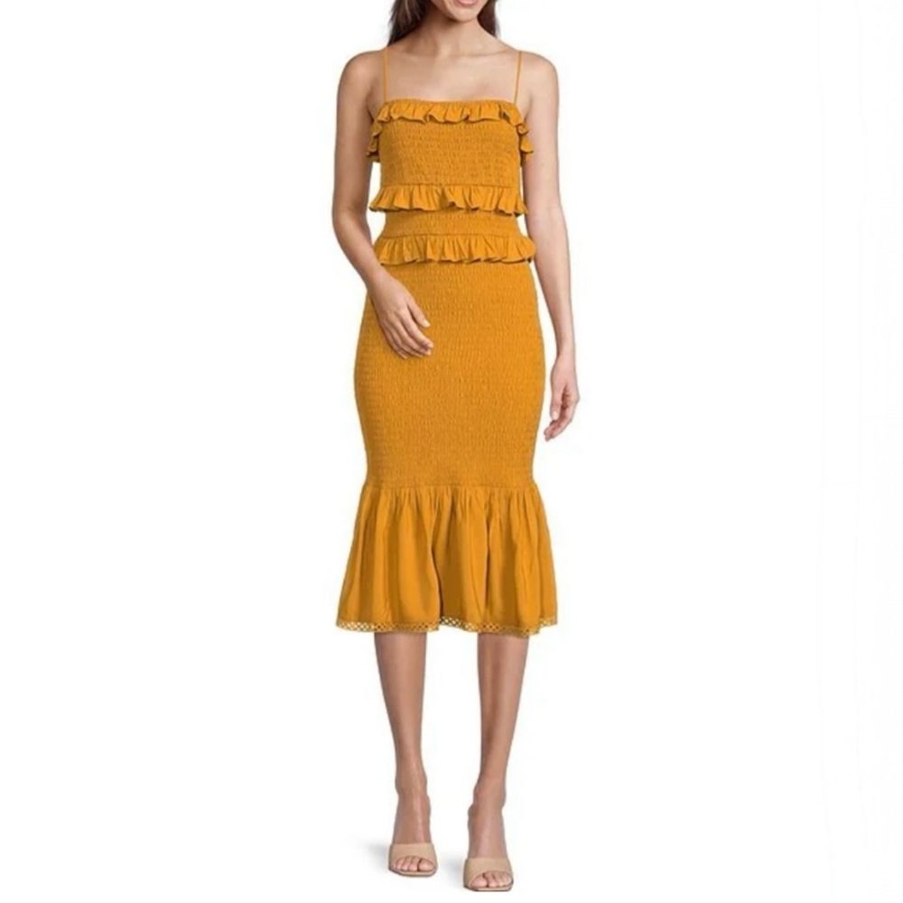 Antonio Melani Mustard Yellow Smocked Ruffle Midi Dress Boho Tiered Sundress